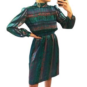Vintage 80s  Mavinette Pinch Pleat Front Dress. Jewel Tone Multicolors. Sz 8